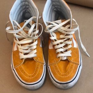 Vans High Top Mustard Shoes with lots of wear in them.  Sz 6 men & 7.5 Women